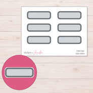 Gray Stitched Quarter Box Label Planner Stickers | DDZ-4554 — 4 × 3 inch sheet and enlarged sticker detail