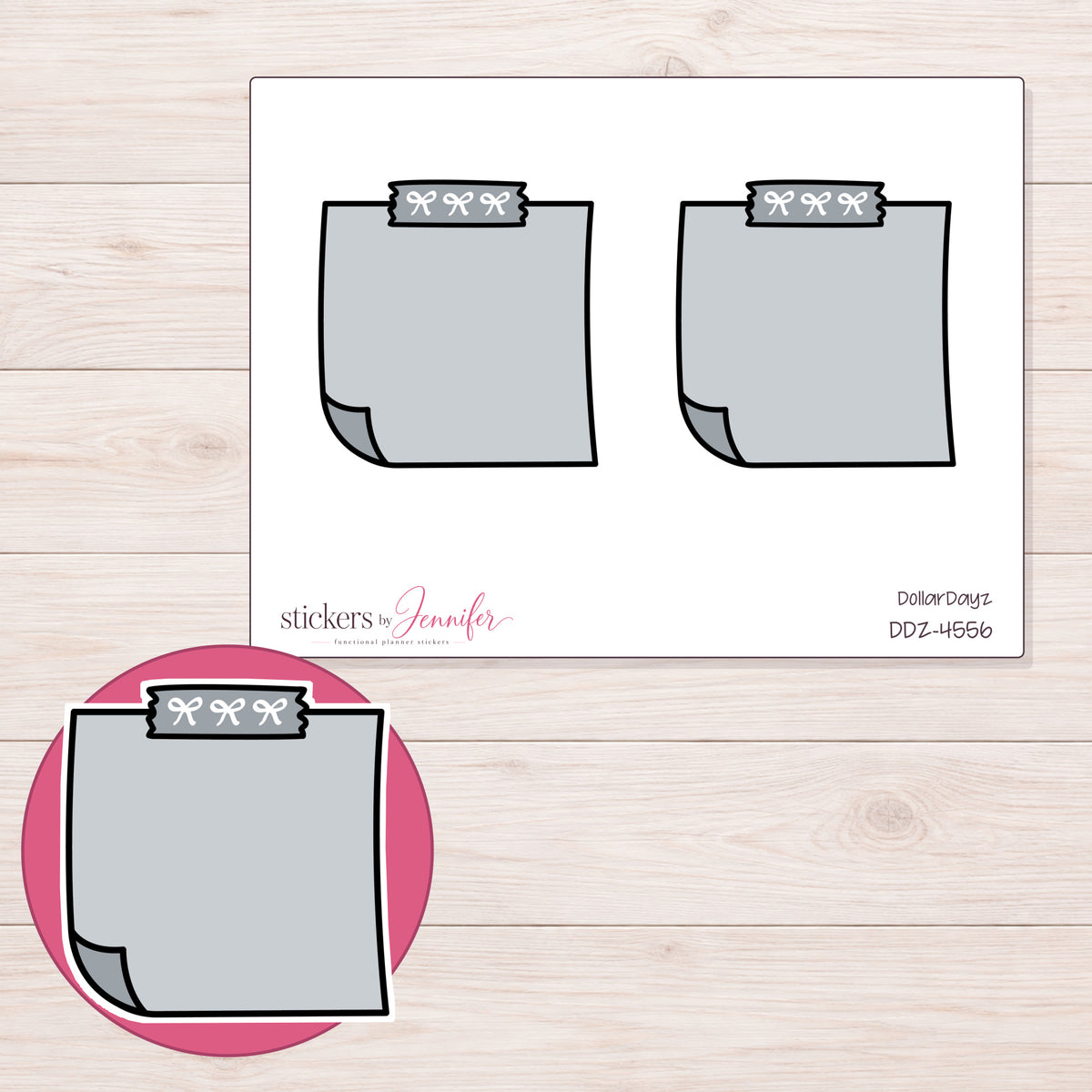 Gray Top-Tape Note Planner Stickers | DDZ-4556 — 4 × 3 inch sheet and enlarged sticker detail