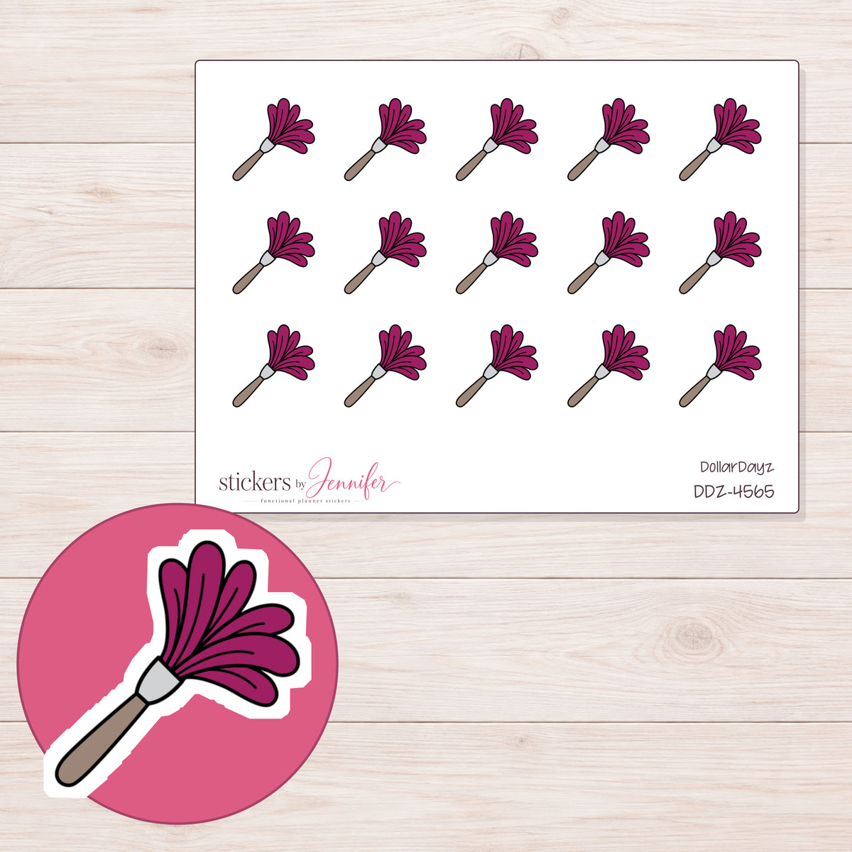 Magenta Feather Duster Planner Stickers | DDZ-4565 — 4 × 3 inch sheet and enlarged sticker detail