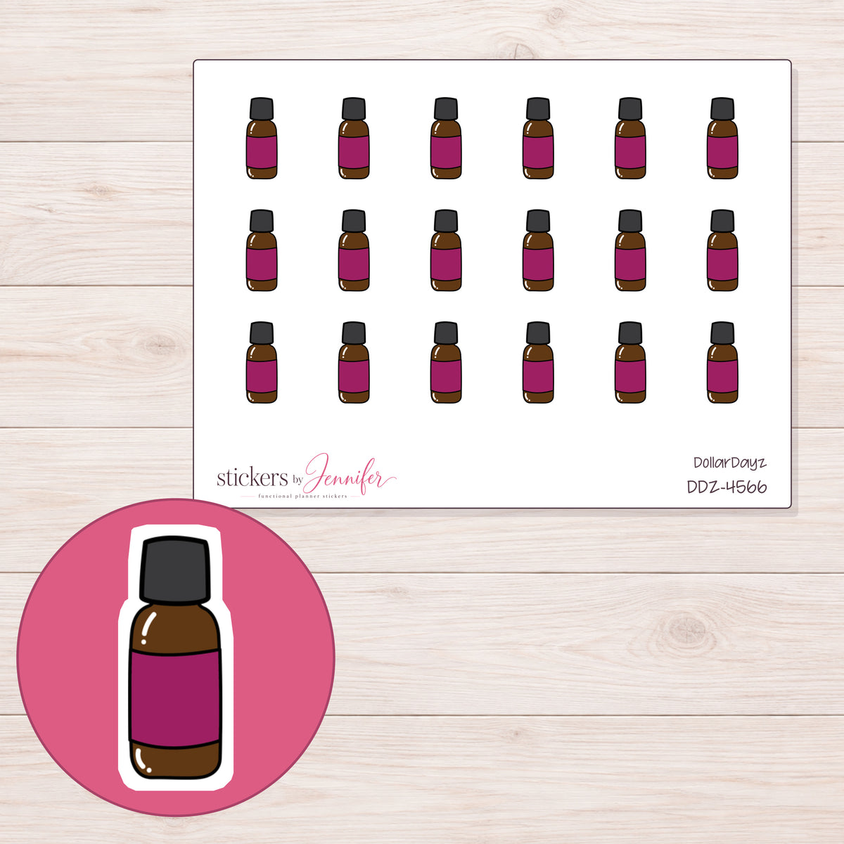 Magenta Label Oil Bottle Planner Stickers | DDZ-4566 — 4 × 3 inch sheet and enlarged sticker detail