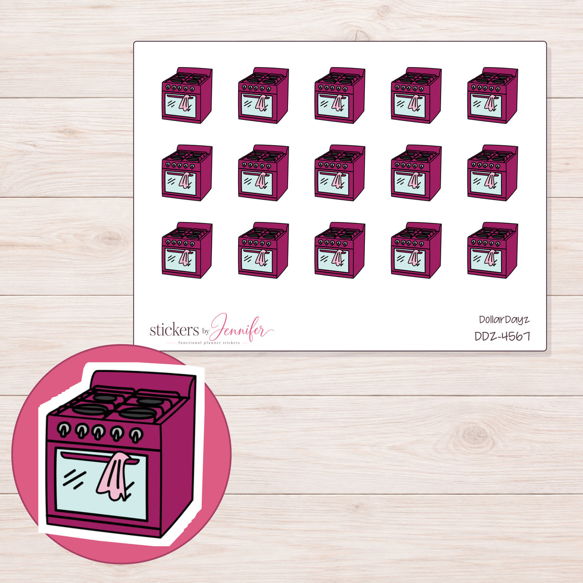 Magenta Stove and Oven Planner Stickers | DDZ-4567 — 4 × 3 inch sheet and enlarged sticker detail