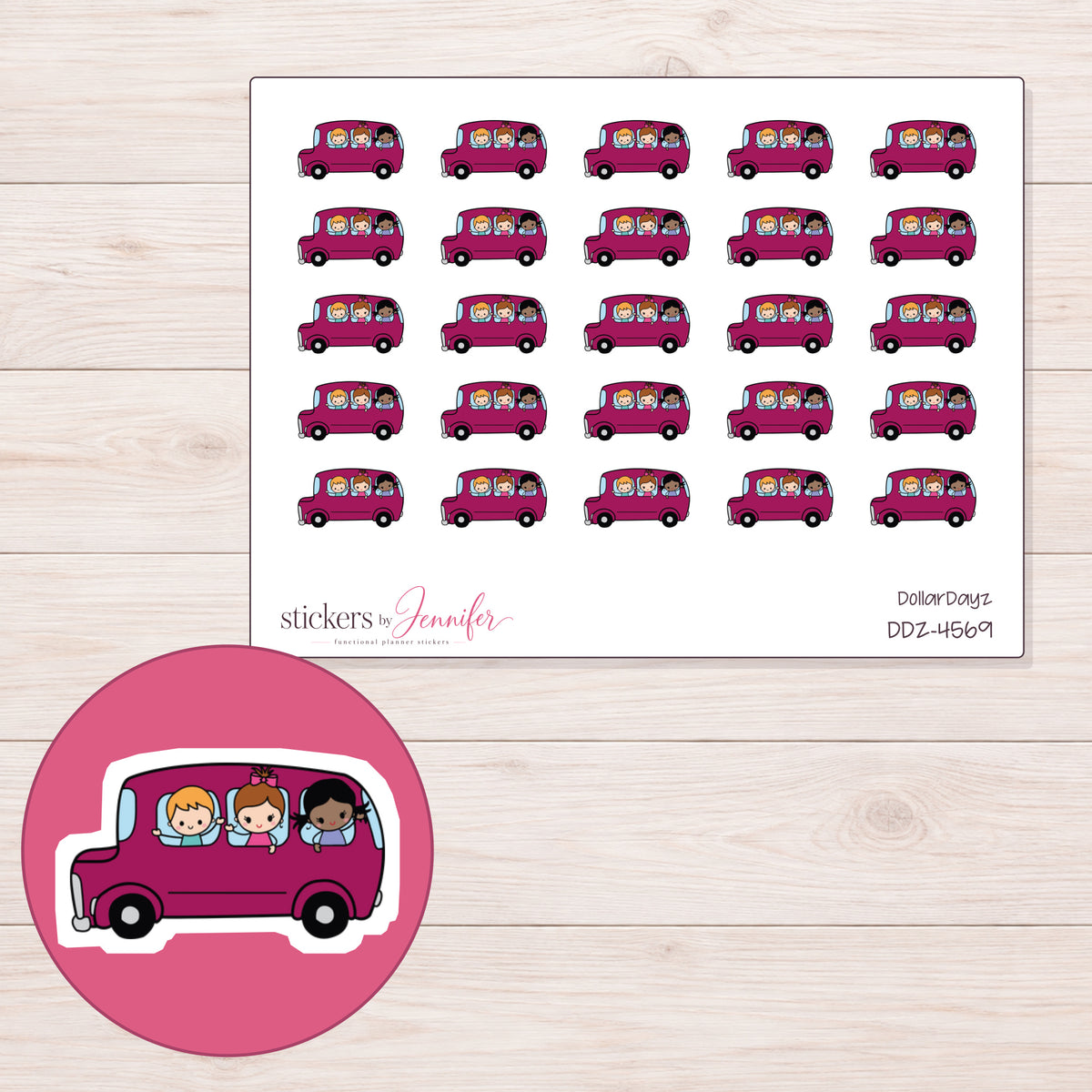 Magenta School Trip Bus Planner Stickers | DDZ-4569 — 4 × 3 inch sheet and enlarged sticker detail