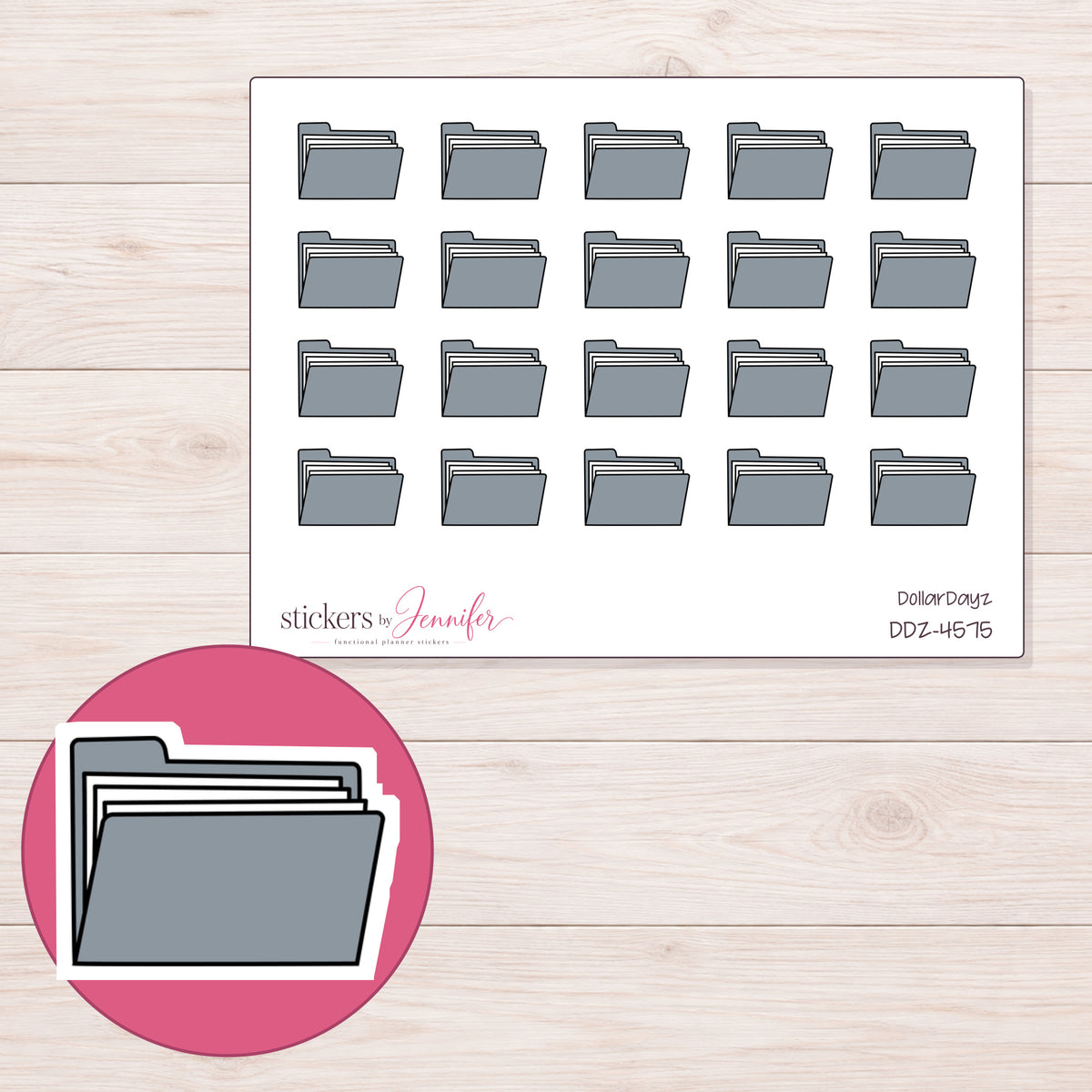 Gray File Folder Planner Stickers | DDZ-4575 — 4 × 3 inch sheet and enlarged sticker detail