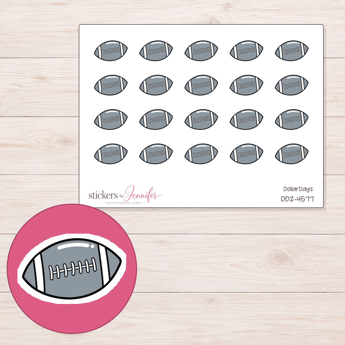 Gray Football Planner Stickers | DDZ-4577 — 4 × 3 inch sheet and enlarged sticker detail