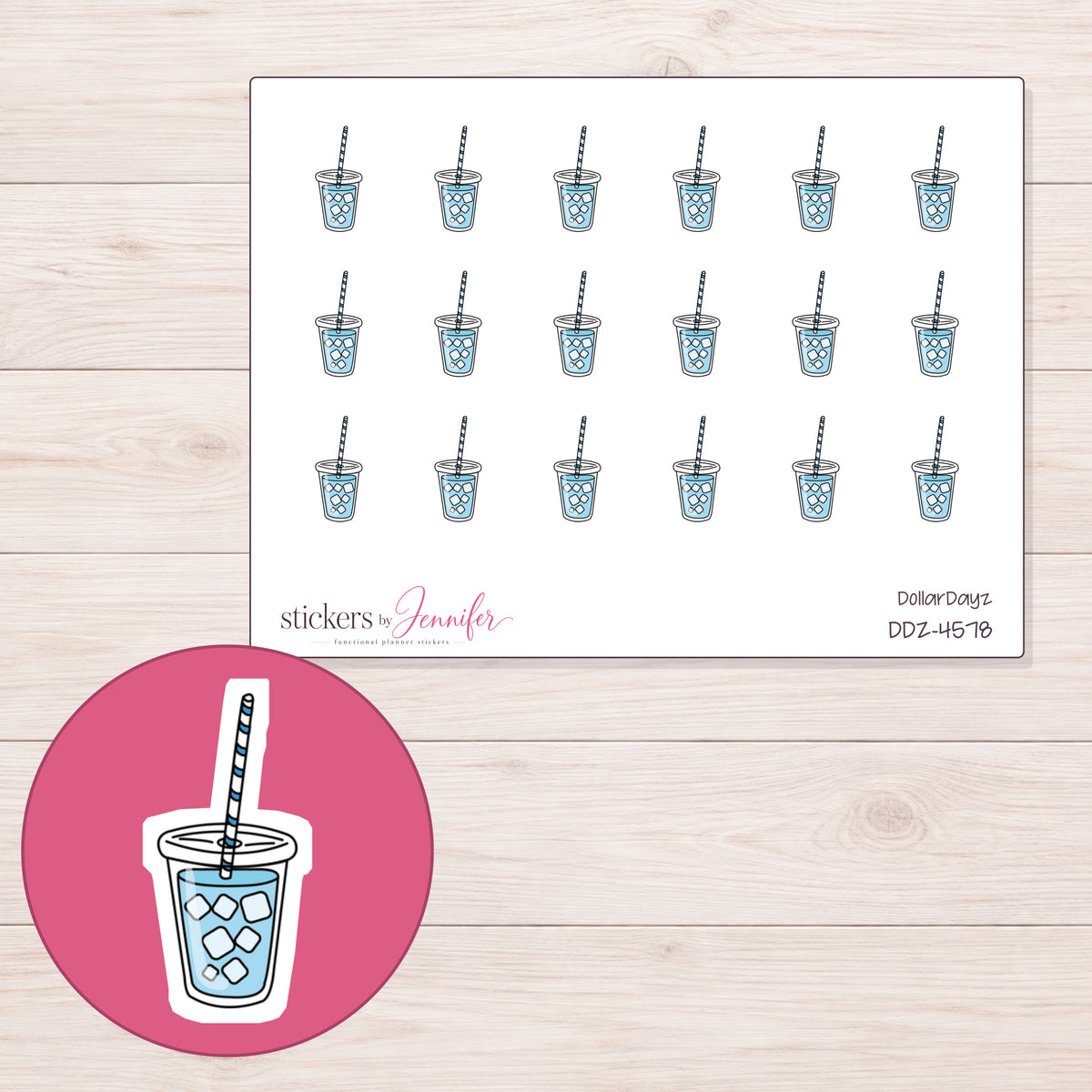 Blue Iced Tea Planner Stickers | DDZ-4578 — 4 × 3 inch sheet and enlarged sticker detail