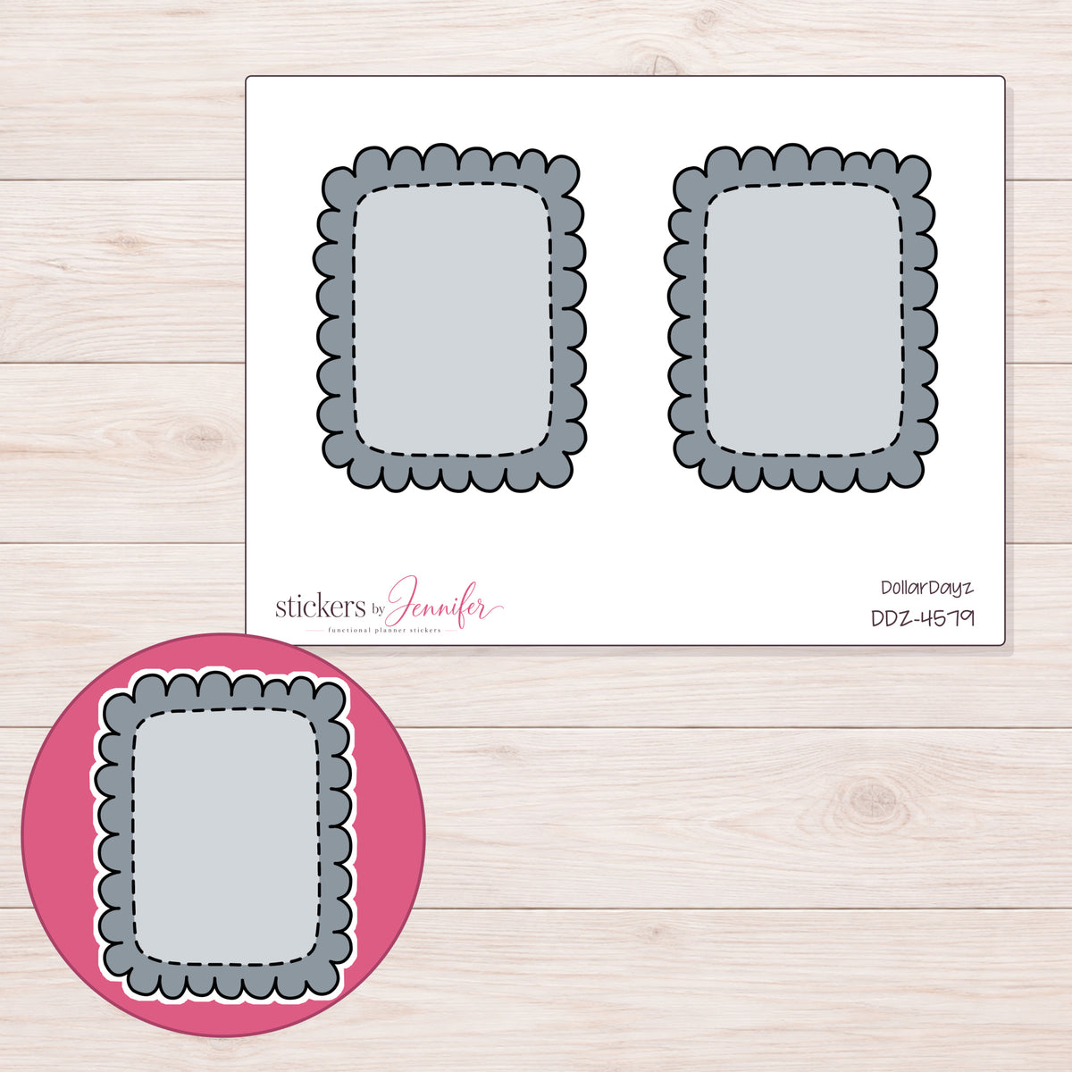 Gray Scalloped Full Box Planner Stickers | DDZ-4579 — 4 × 3 inch sheet and enlarged sticker detail