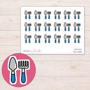 Blue Garden Tools Planner Stickers | DDZ-4585 — 4 × 3 inch sheet and enlarged sticker detail