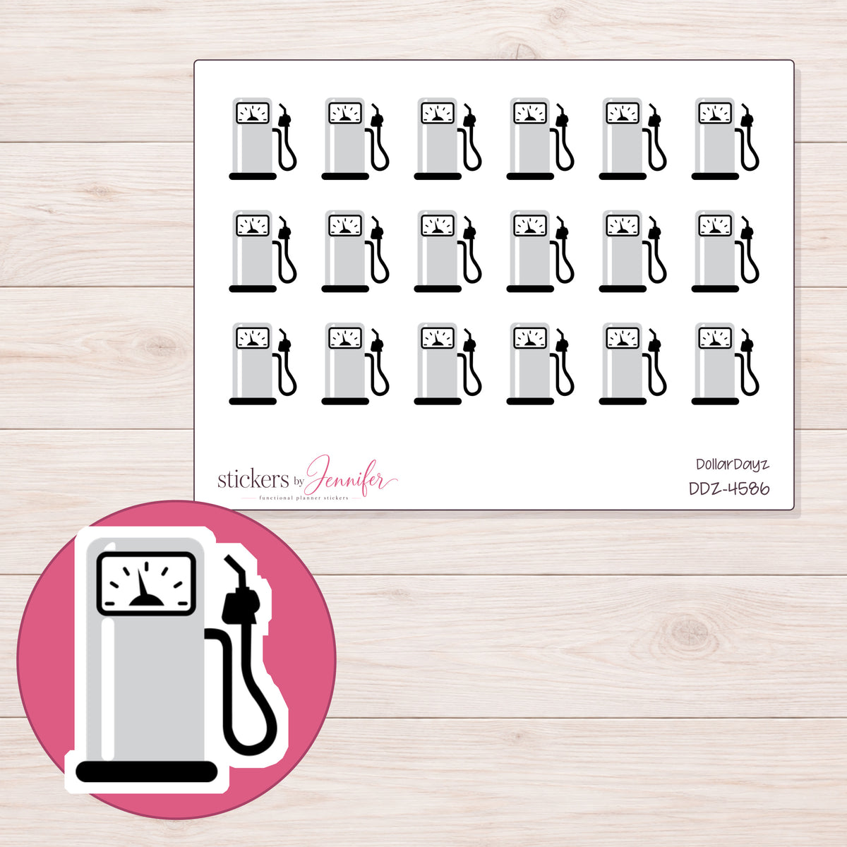 Gray Gas Pump Planner Stickers | DDZ-4586 — 4 × 3 inch sheet and enlarged sticker detail