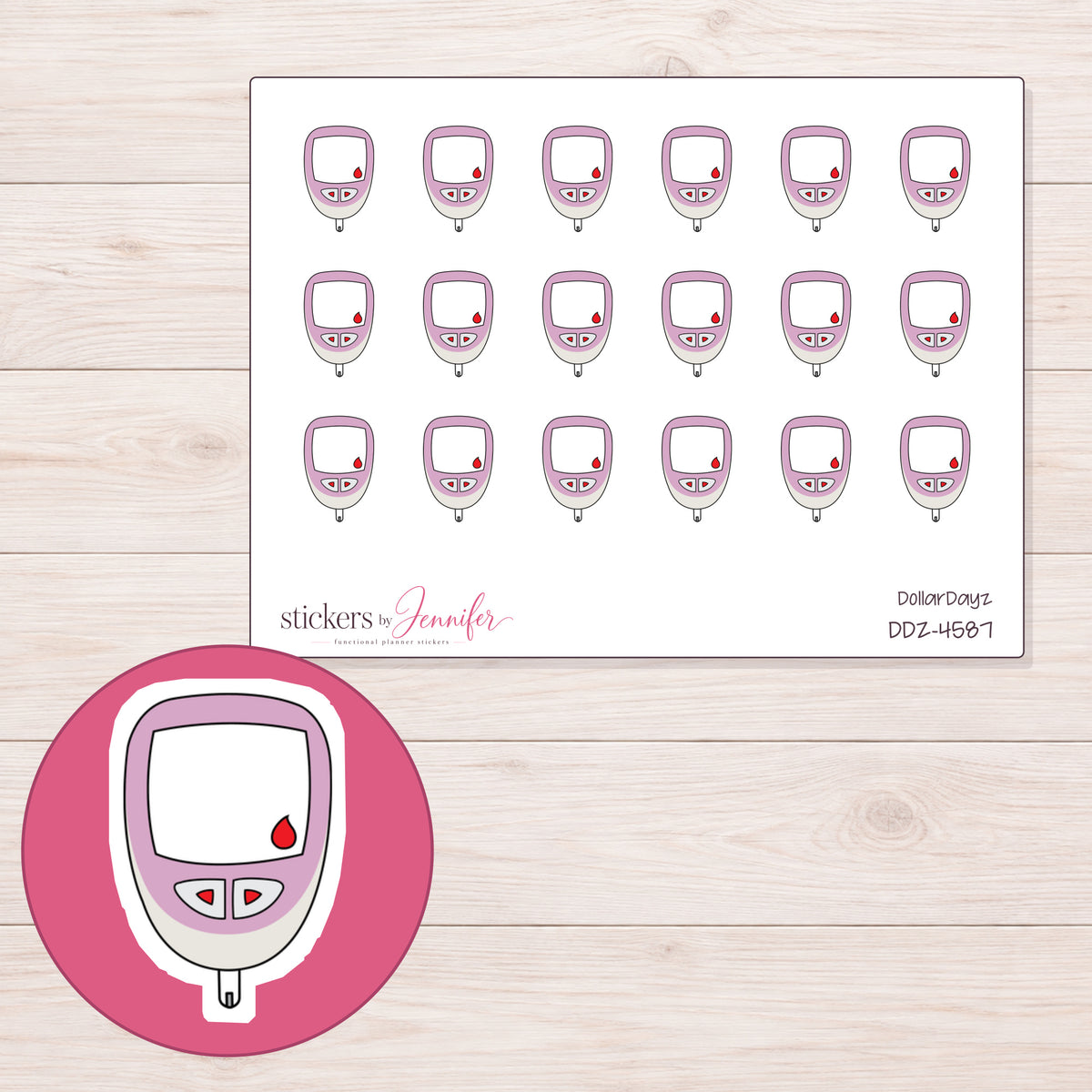 Pink Glucose Meter Planner Stickers | DDZ-4587 — 4 × 3 inch sheet and enlarged sticker detail