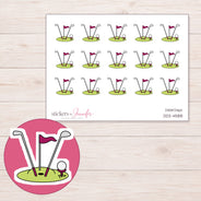 Golf Clubs and Putting Green Planner Stickers | DDZ-4588 — 4 × 3 inch sheet and enlarged sticker detail