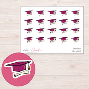 Magenta Graduation Cap Planner Stickers | DDZ-4589 — 4 × 3 inch sheet and enlarged sticker detail