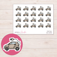 Taupe Electric Car Planner Stickers | DDZ-4590 — 4 × 3 inch sheet and enlarged sticker detail