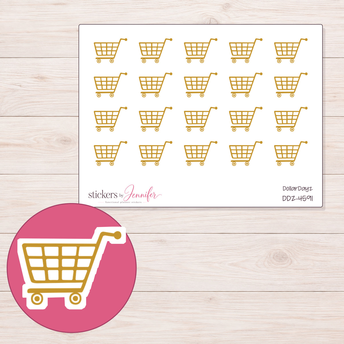 Gold Grocery Cart Planner Stickers | DDZ-4591 — 4 × 3 inch sheet and enlarged sticker detail