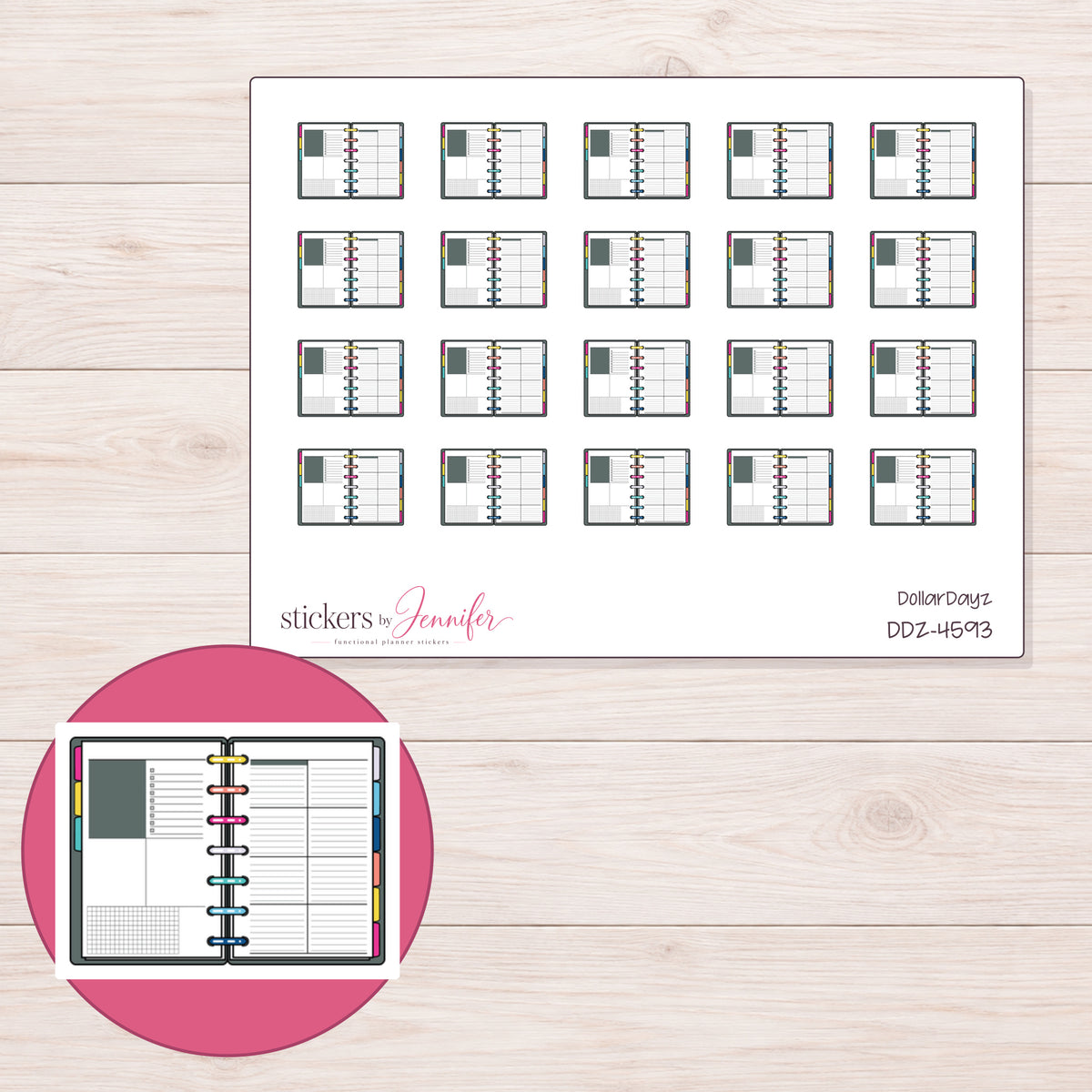 Open Disc Planner Stickers | DDZ-4593 — 4 × 3 inch sheet and enlarged sticker detail