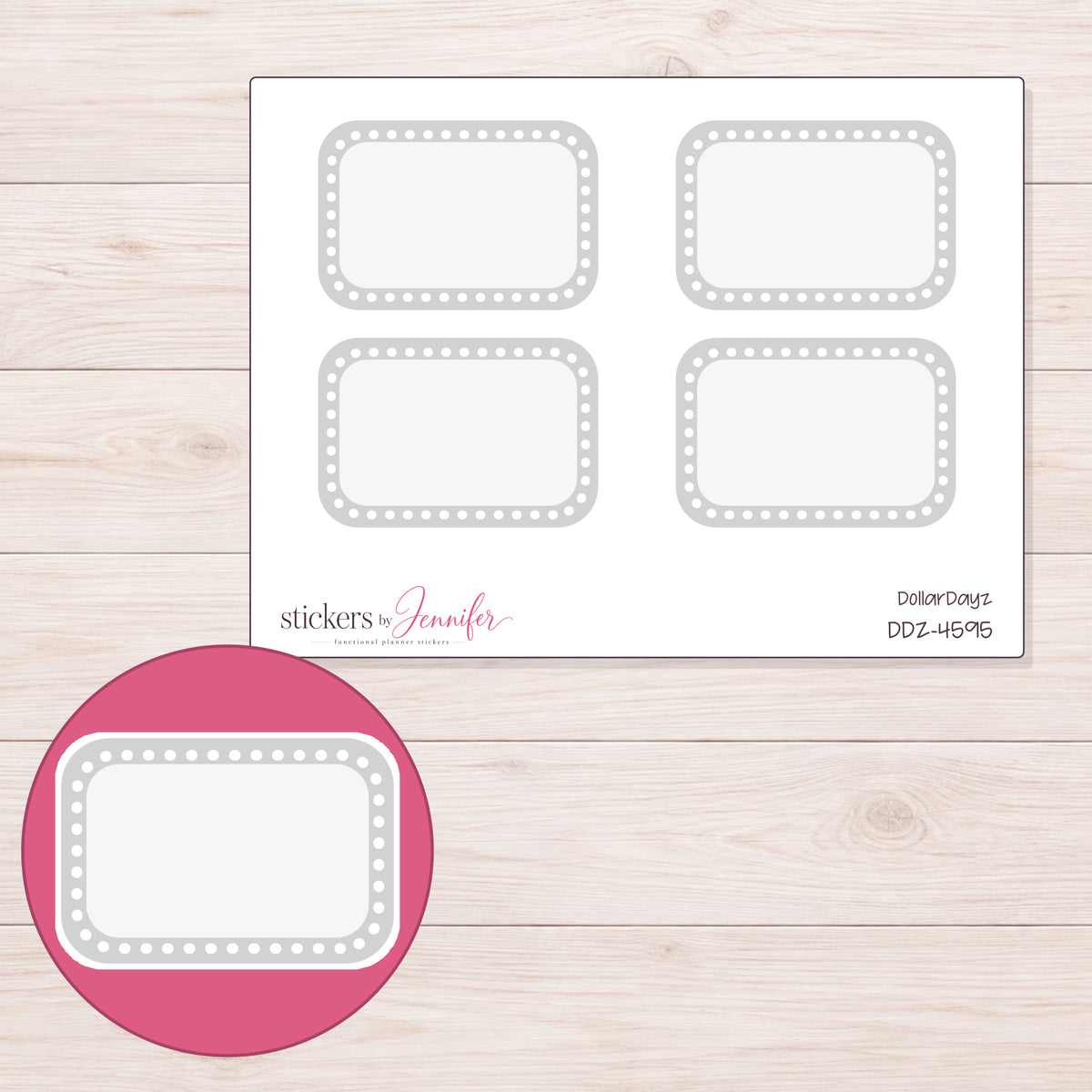 Gray Dotted Border Half Box Planner Stickers | DDZ-4595 — 4 × 3 inch sheet and enlarged sticker detail