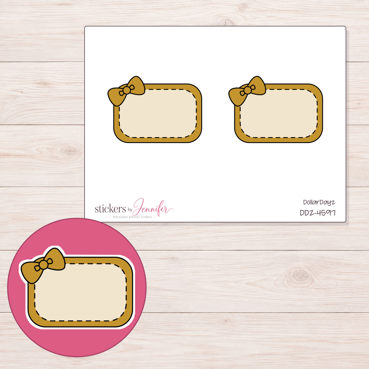 Mustard Yellow Corner Bow Half Box Planner Stickers | DDZ-4597 — 4 × 3 inch sheet and enlarged sticker detail