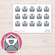 Gray Heart Happy Mail Planner Stickers | DDZ-4599 — 4 × 3 inch sheet and enlarged sticker detail