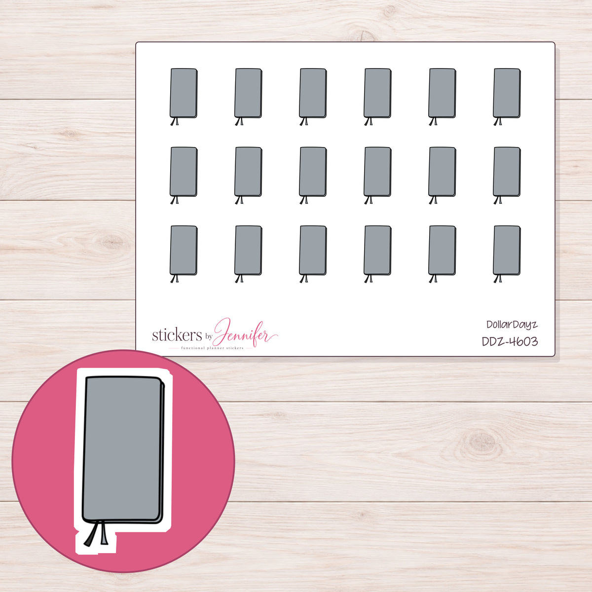 Gray Closed Planner Stickers | DDZ-4603 — 4 × 3 inch sheet and enlarged sticker detail