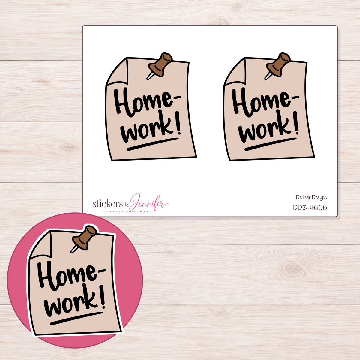 Tan Homework Reminder Note Planner Stickers | DDZ-4606 — 4 × 3 inch sheet and enlarged sticker detail