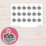 Gray Hot Cocoa Mug Planner Stickers | DDZ-4608 — 4 × 3 inch sheet and enlarged sticker detail