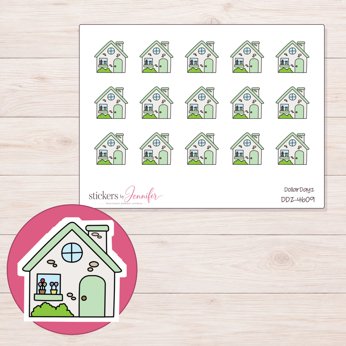 Pale Green House Planner Stickers | DDZ-4609 — 4 × 3 inch sheet and enlarged sticker detail