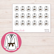 Karate Uniform with Brown Belt Planner Stickers | DDZ-4611 — 4 × 3 inch sheet and enlarged sticker detail