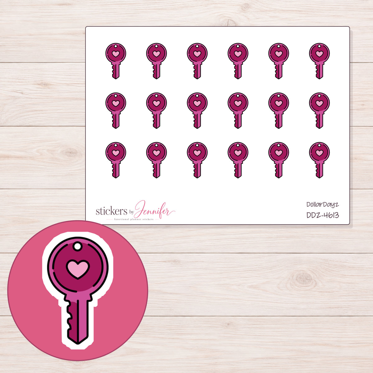 Magenta Heart Key Planner Stickers | DDZ-4613 — 4 × 3 inch sheet and enlarged sticker detail