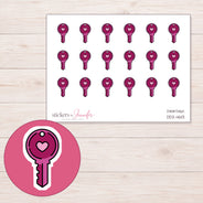 Magenta Heart Key Planner Stickers | DDZ-4613 — 4 × 3 inch sheet and enlarged sticker detail