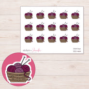 Magenta Knitting Basket Planner Stickers | DDZ-4614 — 4 × 3 inch sheet and enlarged sticker detail