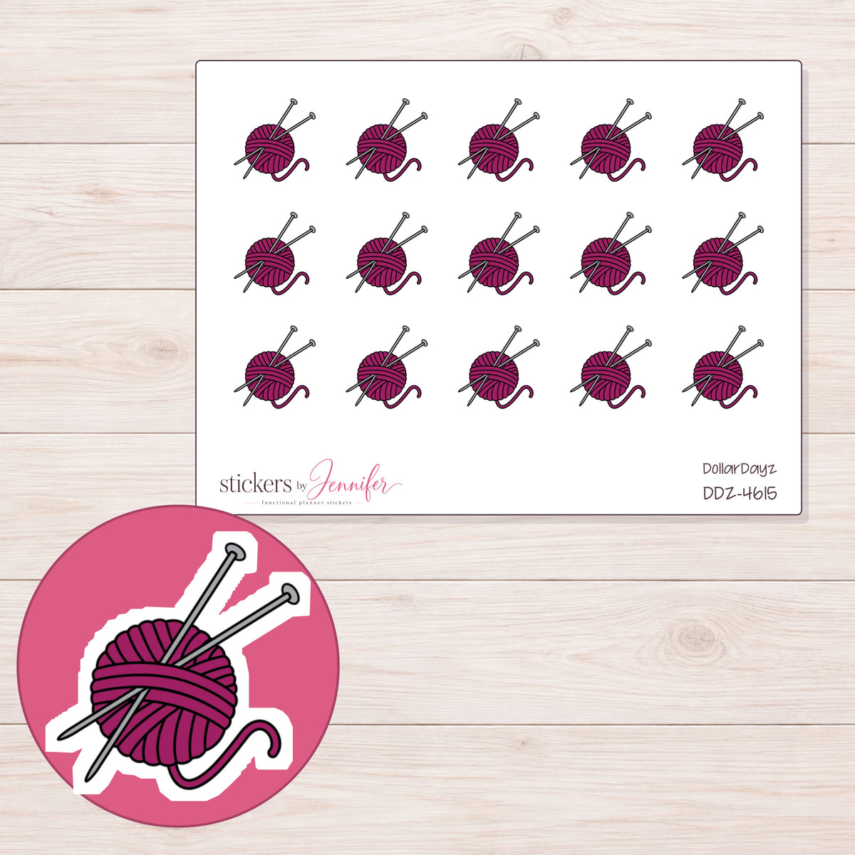 Magenta Yarn and Knitting Needles Planner Stickers | DDZ-4615 — 4 × 3 inch sheet and enlarged sticker detail