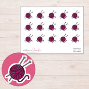 Magenta Yarn and Knitting Needles Planner Stickers | DDZ-4615 — 4 × 3 inch sheet and enlarged sticker detail