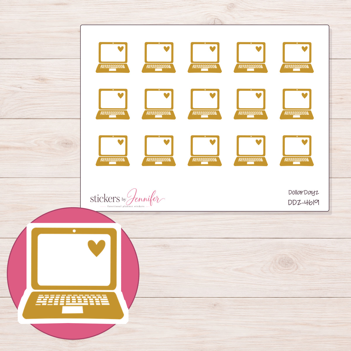 Gold Heart Laptop Planner Stickers | DDZ-4619 — 4 × 3 inch sheet and enlarged sticker detail
