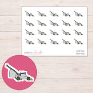 Gray Lawnmower Planner Stickers | DDZ-4621 — 4 × 3 inch sheet and enlarged sticker detail