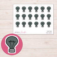Charcoal Light Bulb Planner Stickers | DDZ-4622 — 4 × 3 inch sheet and enlarged sticker detail
