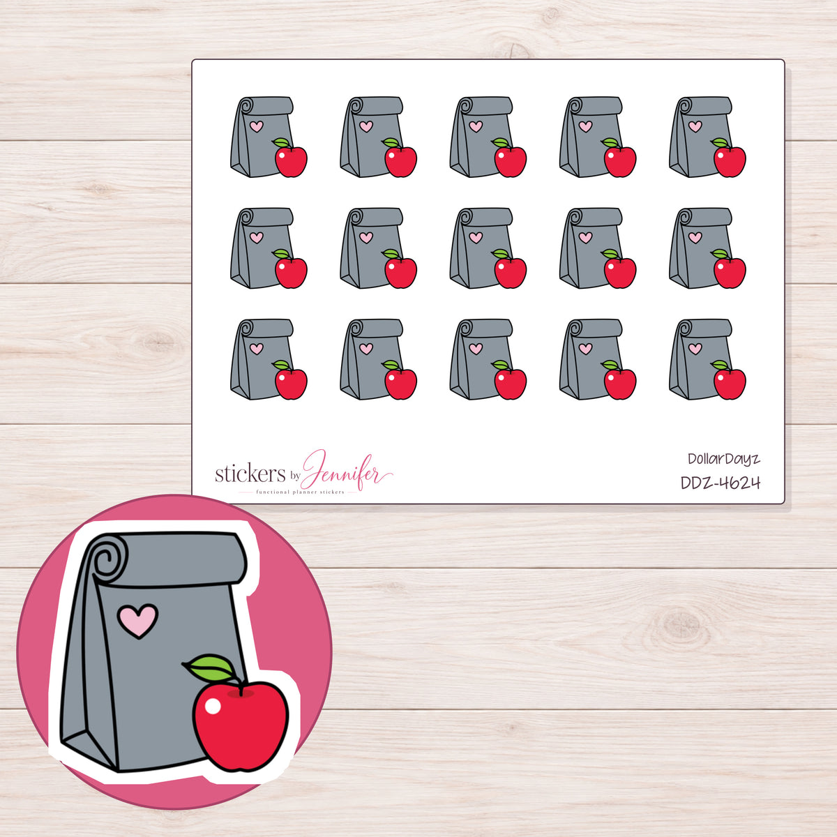 Gray Heart Lunch Bag Planner Stickers | DDZ-4624 — 4 × 3 inch sheet and enlarged sticker detail