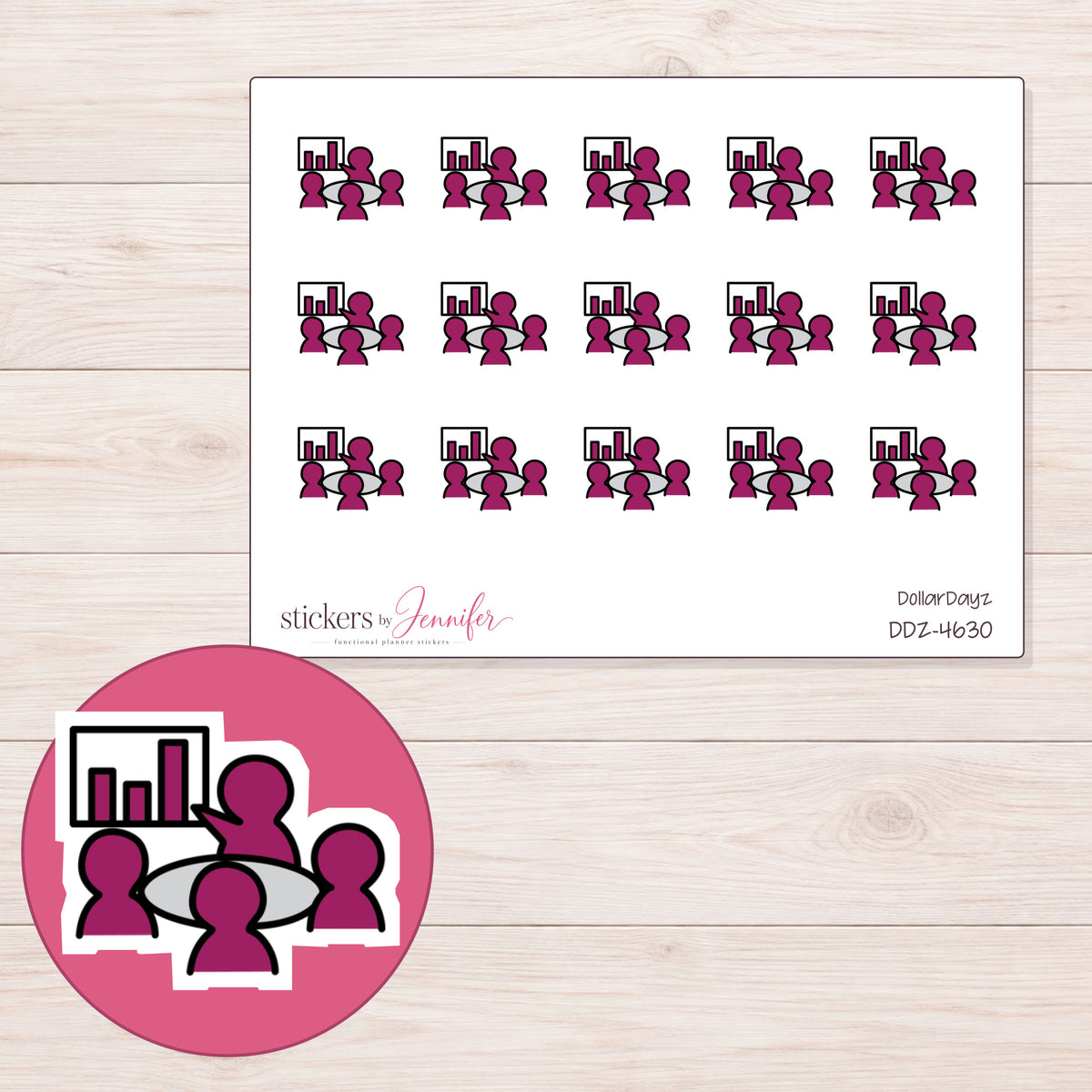 Magenta Meeting Group Planner Stickers | DDZ-4630 — 4 × 3 inch sheet and enlarged sticker detail