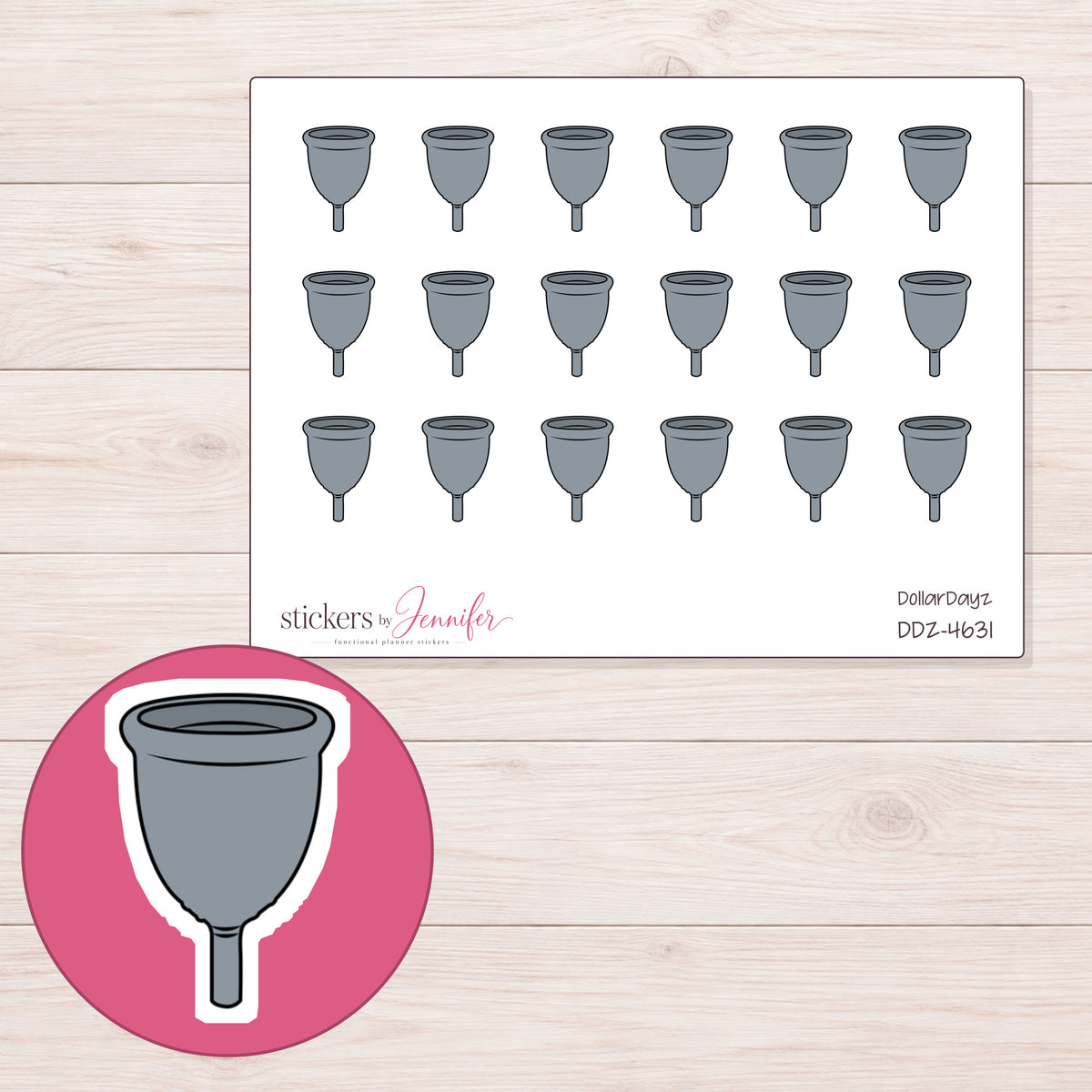 Gray Menstrual Cup Planner Stickers | DDZ-4631 — 4 × 3 inch sheet and enlarged sticker detail