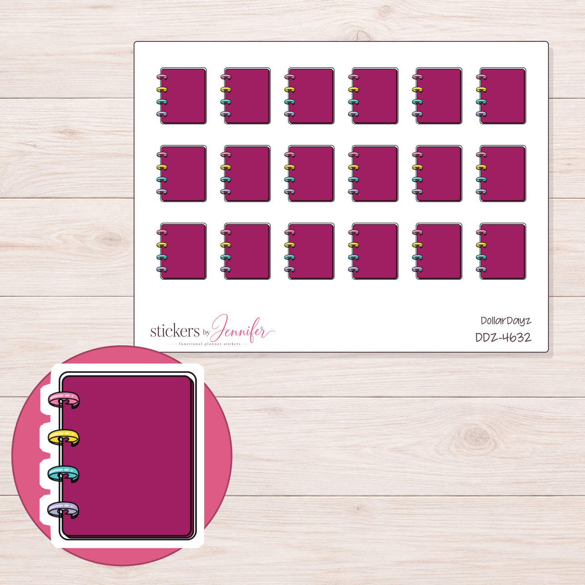 Magenta Mini Disc Planner Stickers | DDZ-4632 — 4 × 3 inch sheet and enlarged sticker detail