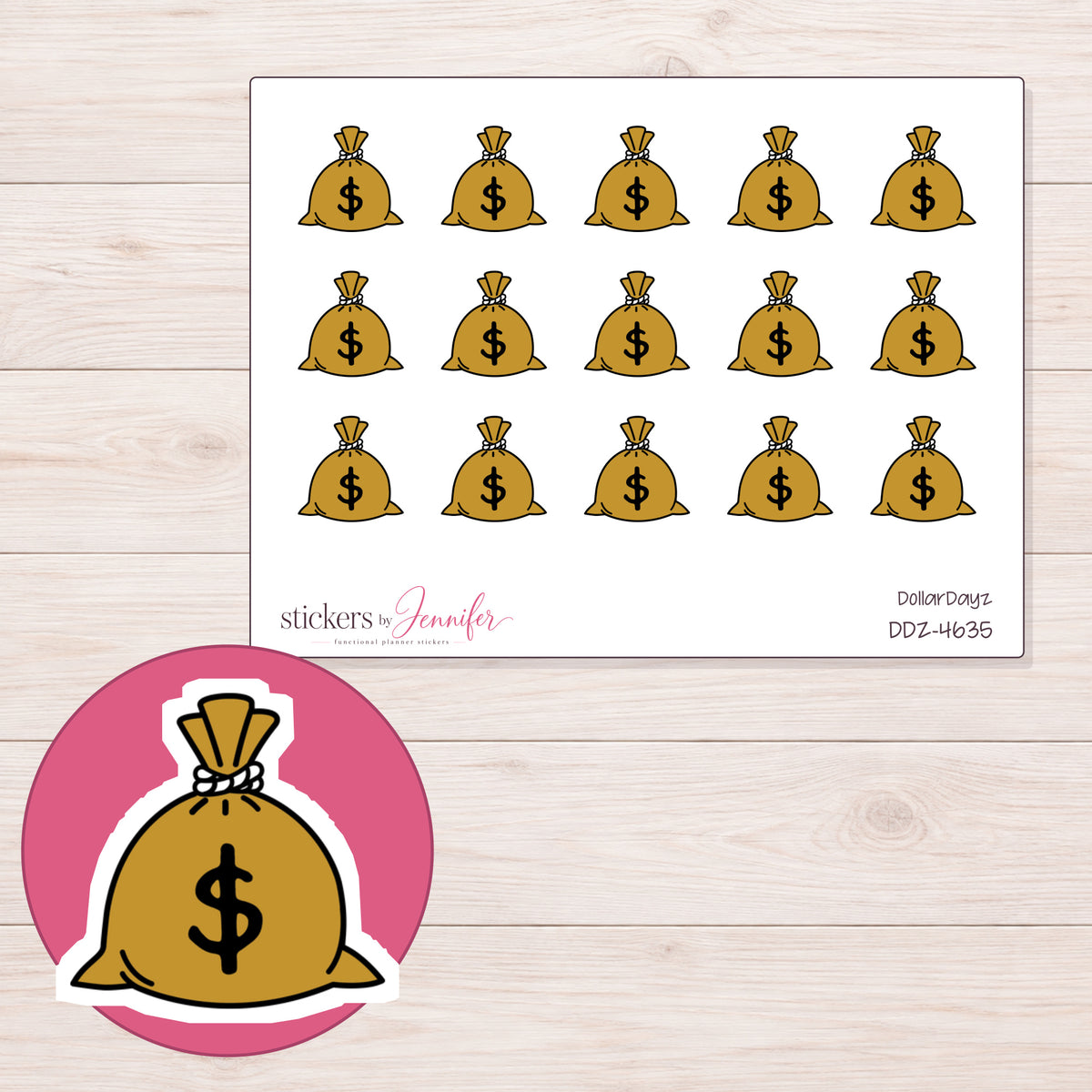 Gold Money Bag Planner Stickers | DDZ-4635 — 4 × 3 inch sheet and enlarged sticker detail