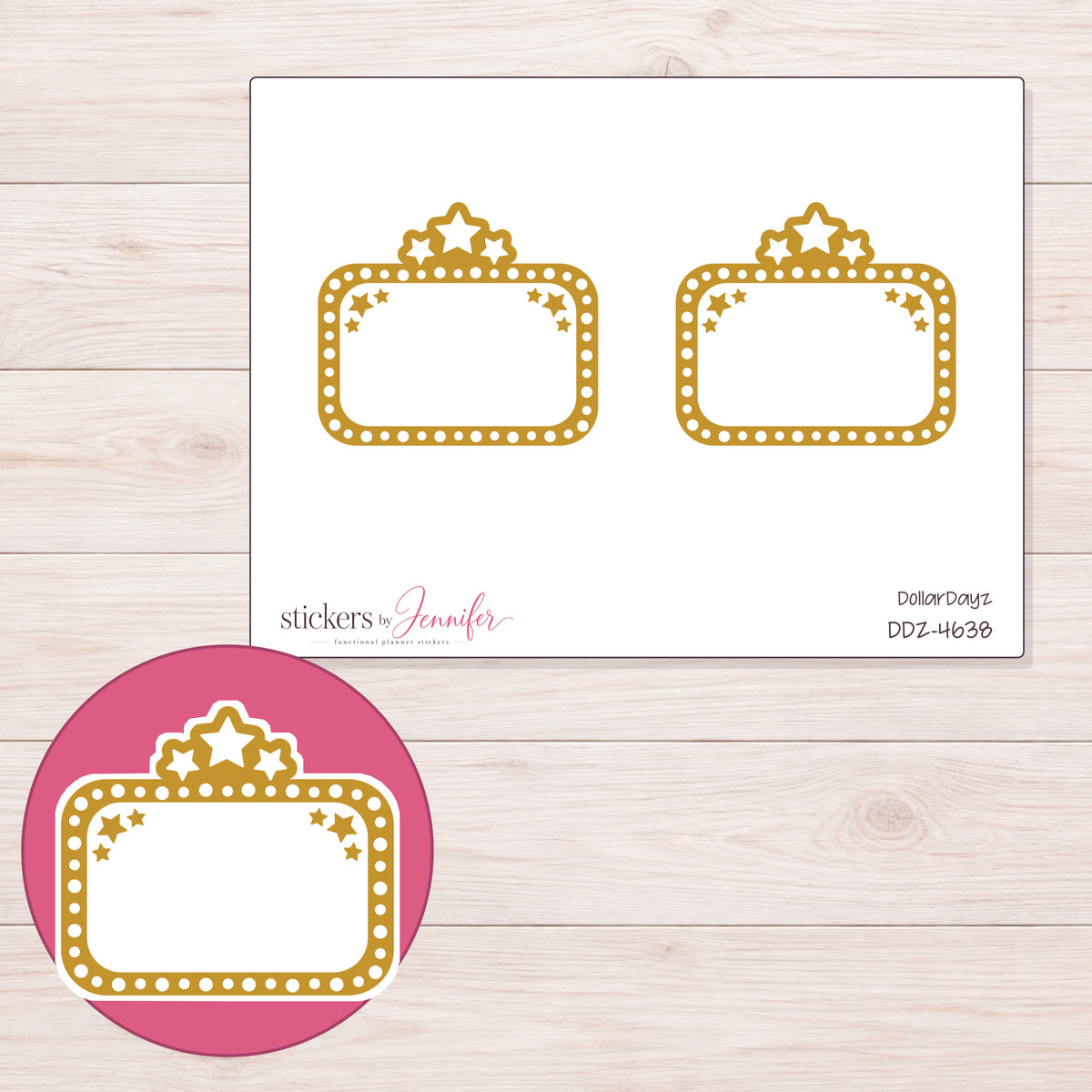 Mustard Yellow Star Movie Marquee Planner Stickers | DDZ-4638 — 4 × 3 inch sheet and enlarged sticker detail
