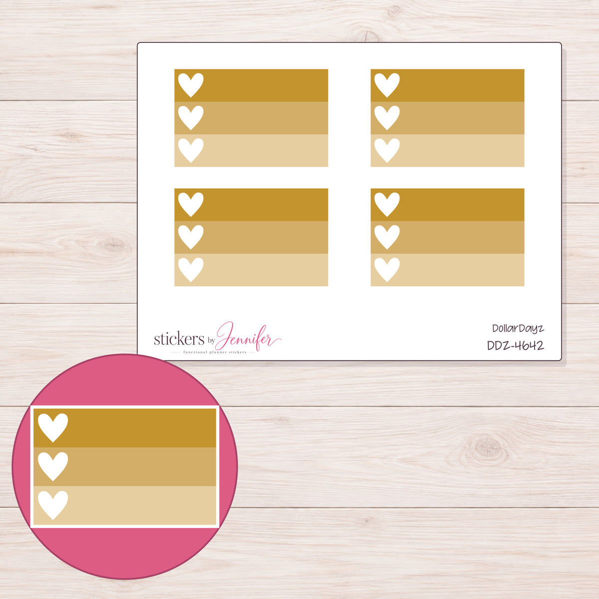 Mustard Yellow Ombre Heart Checklist Planner Stickers | DDZ-4642 — 4 × 3 inch sheet and enlarged sticker detail
