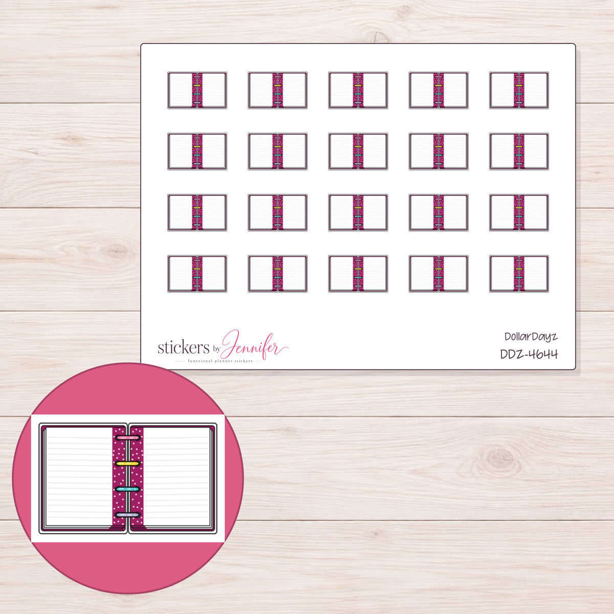 Open Magenta Mini Notebook Planner Stickers | DDZ-4644 — 4 × 3 inch sheet and enlarged sticker detail