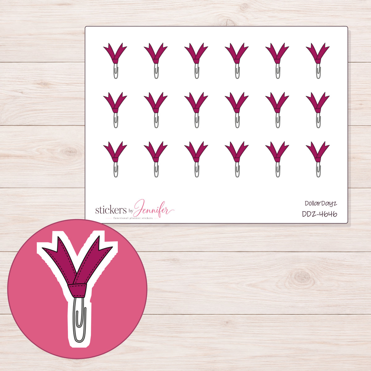 Magenta Ribbon Paper Clip Planner Stickers | DDZ-4646 — 4 × 3 inch sheet and enlarged sticker detail