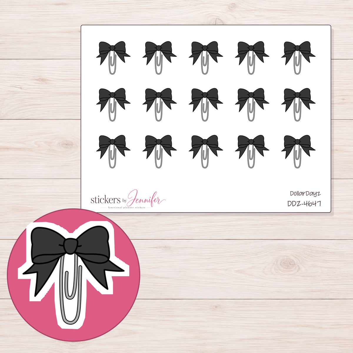 Black Bow Paper Clip Planner Stickers | DDZ-4647 — 4 × 3 inch sheet and enlarged sticker detail