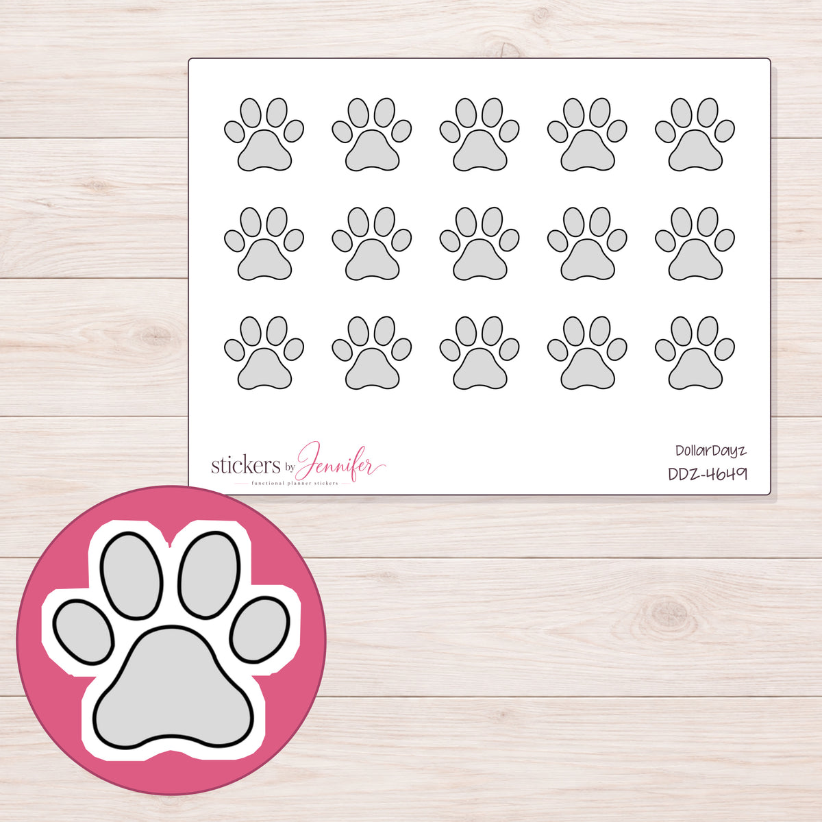 Light Gray Paw Print Planner Stickers | DDZ-4649 — 4 × 3 inch sheet and enlarged sticker detail