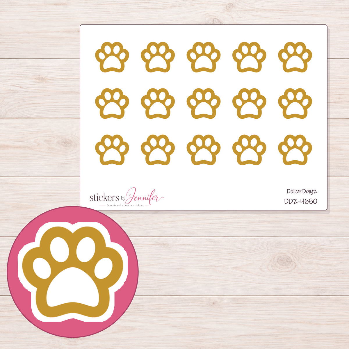 Gold Outline Paw Print Planner Stickers | DDZ-4650 — 4 × 3 inch sheet and enlarged sticker detail