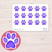 Purple Watercolor Paw Print Planner Stickers | DDZ-4651 — 4 × 3 inch sheet and enlarged sticker detail