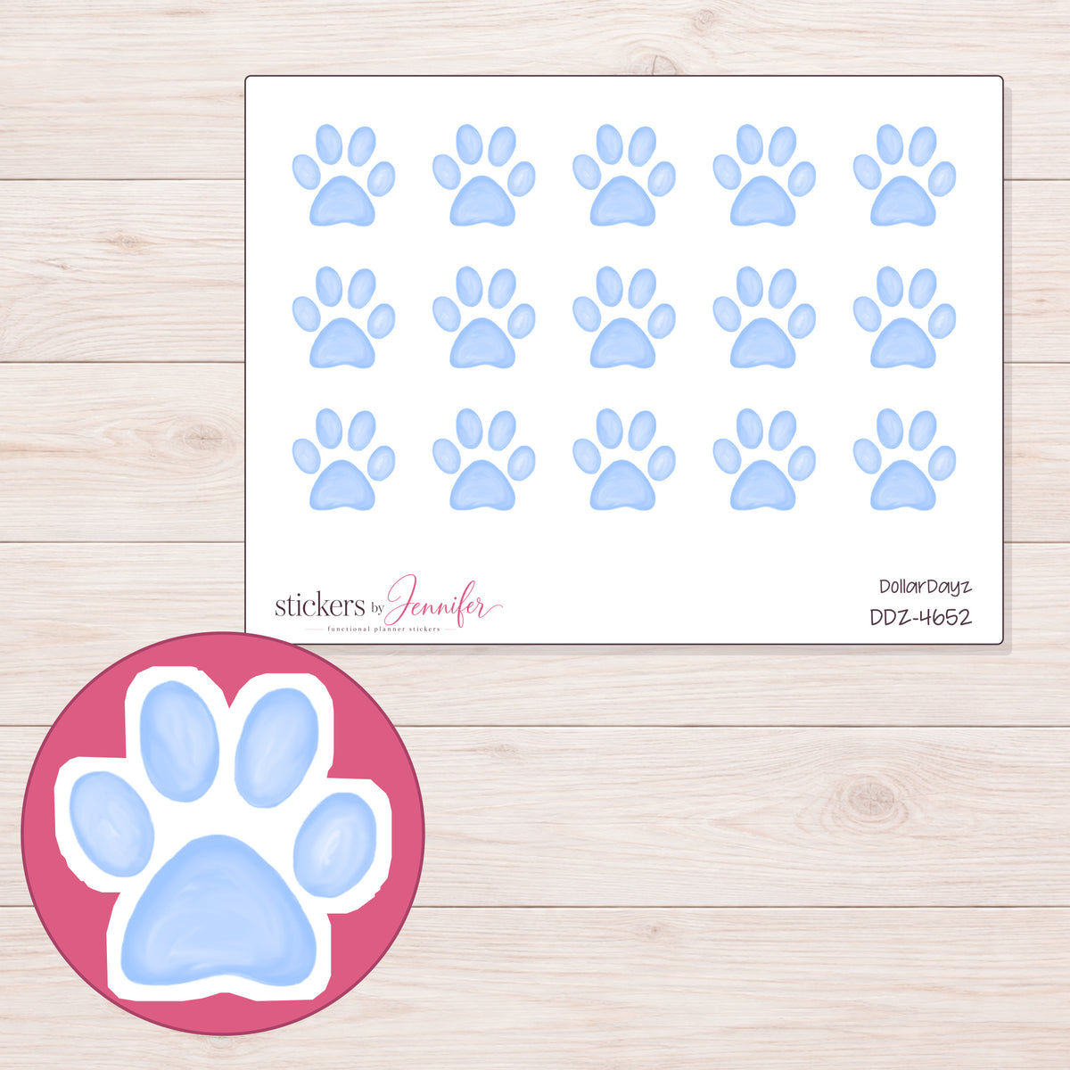 Pale Blue Watercolor Paw Print Planner Stickers | DDZ-4652 — 4 × 3 inch sheet and enlarged sticker detail