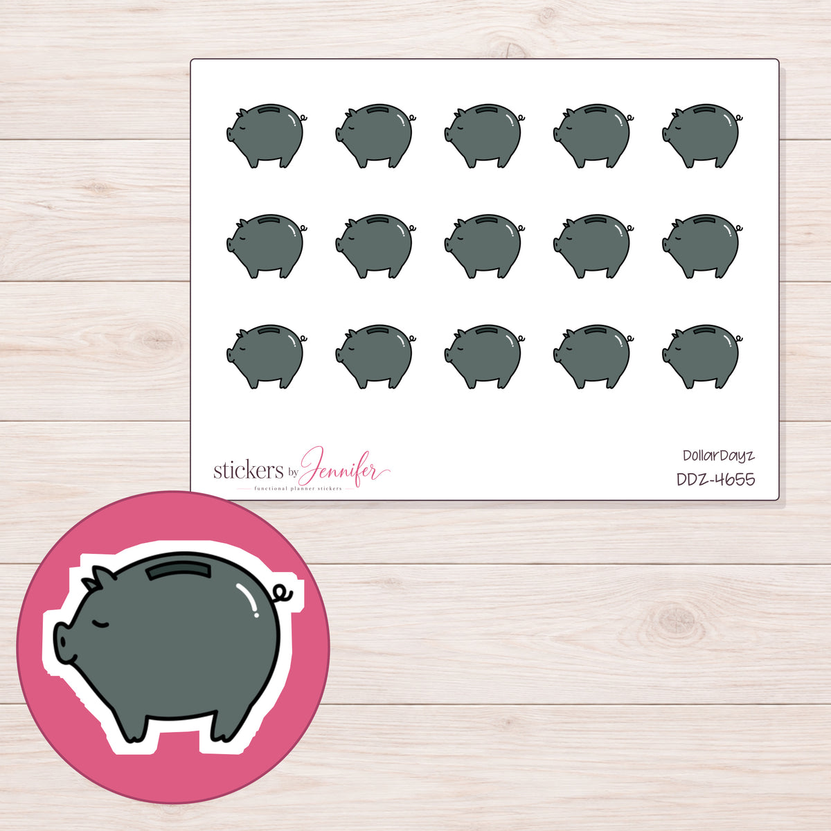 Charcoal Piggy Bank Planner Stickers | DDZ-4655 — 4 × 3 inch sheet and enlarged sticker detail