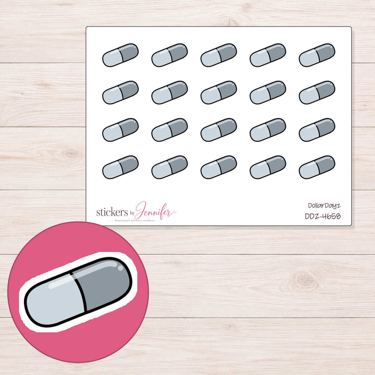 Gray Capsule Planner Stickers | DDZ-4658 — 4 × 3 inch sheet and enlarged sticker detail